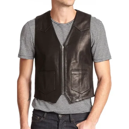 Men's Black Slim Fit Biker Leather Vest