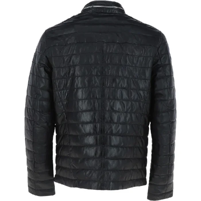 Men'S Black Slim Fit Puffer Leather Jacket Back
