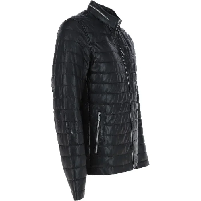 Men'S Black Slim Fit Puffer Leather Jacket Side