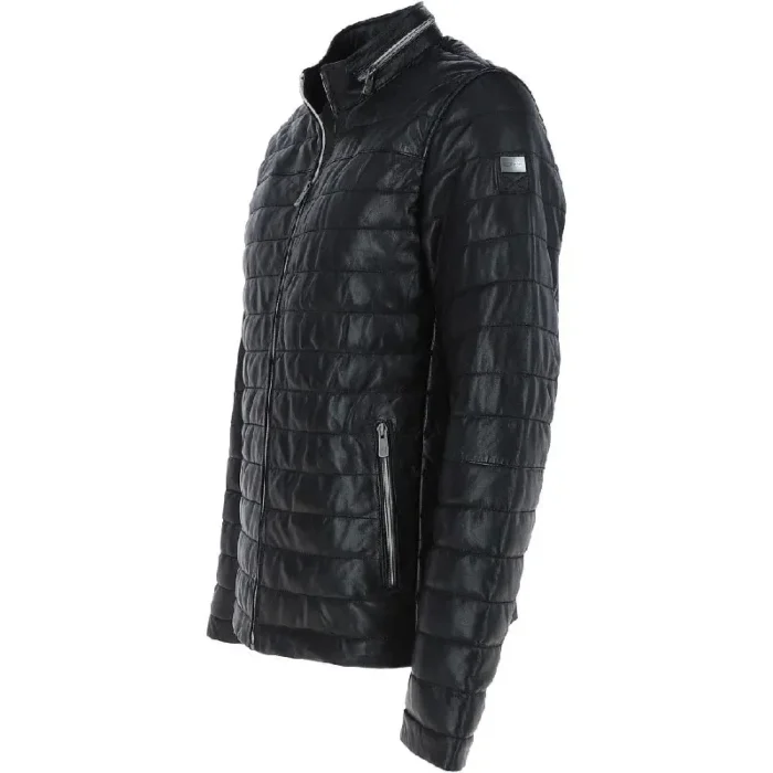 Men'S Black Slim Fit Puffer Leather Jacket Side Pose