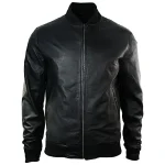 Men's Black Slim Fit Varsity Bomber Leather Jacket Front