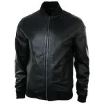 Men's Black Slim Fit Leather Varsity Bomber Jacket