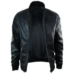 Men's Black Slim Fit Varsity Bomber Leather Jacket Open Zip