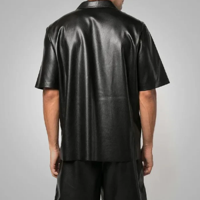 Men'S Black Soft Cowhide Leather Half Sleeves Shirt Back
