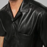 Men's Black Soft Cowhide Leather Half Sleeves Shirt Close