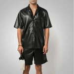 Men's Black Soft Cowhide Leather Half Sleeves Shirt Front - LUXIDEssss