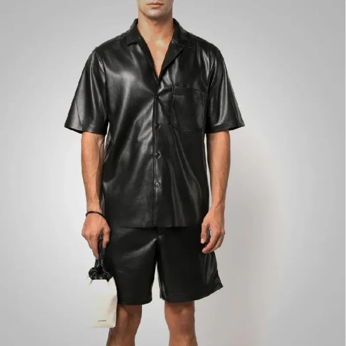 Men'S Black Soft Cowhide Leather Half Sleeves Shirt Front - Luxidessss