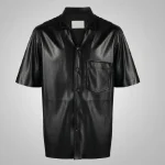 Men's Black Soft Cowhide Leather Half Sleeves Shirt