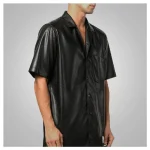 Men's Black Soft Cowhide Leather Half Sleeves Shirt Side - LUXIDE