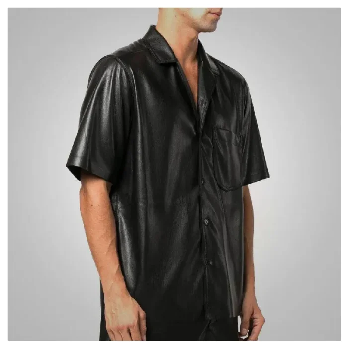 Men'S Black Soft Cowhide Leather Half Sleeves Shirt Side - Luxide