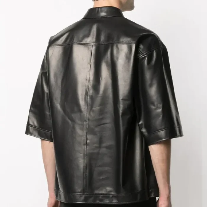Men'S Black Soft Sheepskin Leather Half Sleeves Shirt Back