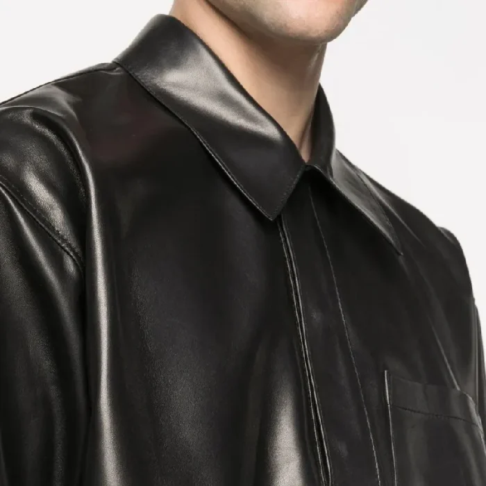 Men'S Black Soft Sheepskin Leather Half Sleeves Shirt Close