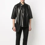 Men's Black Soft Sheepskin Leather Half Sleeves Shirt Front