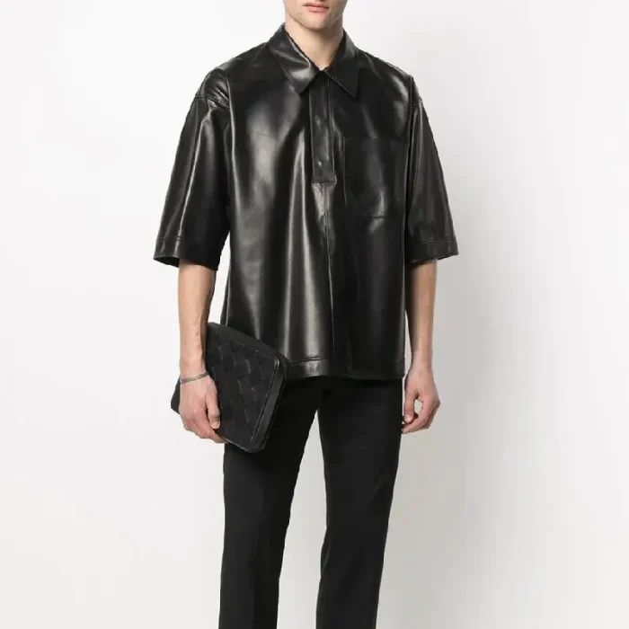 Men'S Black Soft Sheepskin Leather Half Sleeves Shirt Front