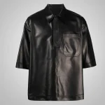 Men's Black Soft Sheepskin Leather Half Sleeves Shirt