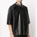 Men's Black Soft Sheepskin Leather Half Sleeves Shirt Side