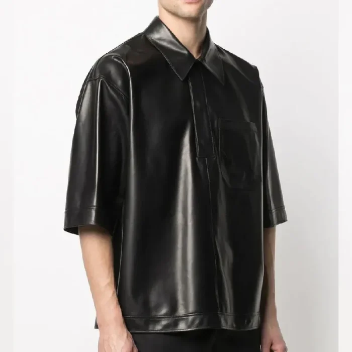 Men'S Black Soft Sheepskin Leather Half Sleeves Shirt Side