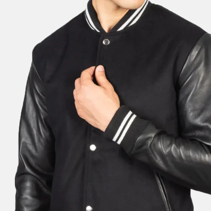 Men'S Black Striped Hybrid Varsity Jacket Close Up