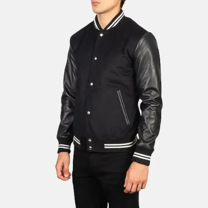 Men'S Black Striped Hybrid Varsity Jacket Side