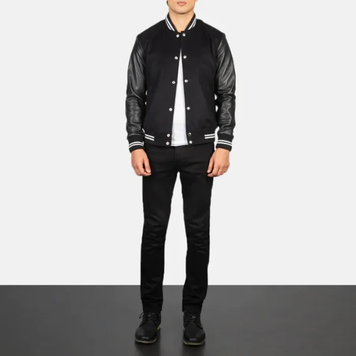Mens Black Striped Hybrid Varsity Jacket Wearing Look