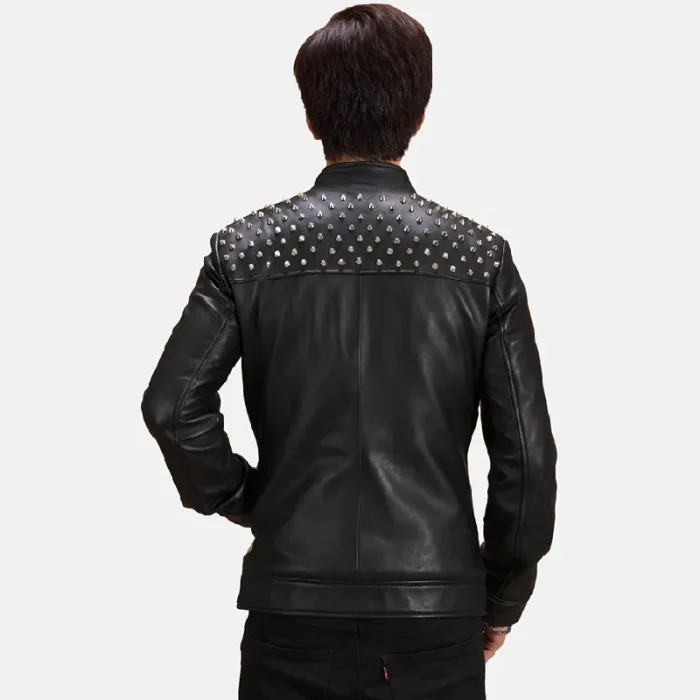 Men'S Black Studded Sheepskin Leather Biker Jacket Back