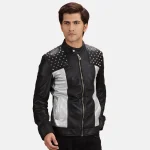 Black Studded Zipper Leather Biker Jacket