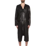 Men's Black Style Cowhide Leather Zipper Jumpsuit