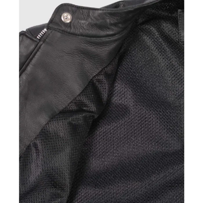 Men'S Black Summer Zip Up Biker Leather Jacket Close