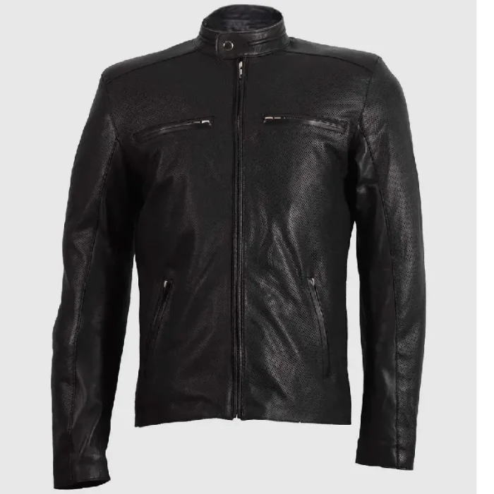 Men'S Black Summer Zip Up Biker Leather Jacket Front