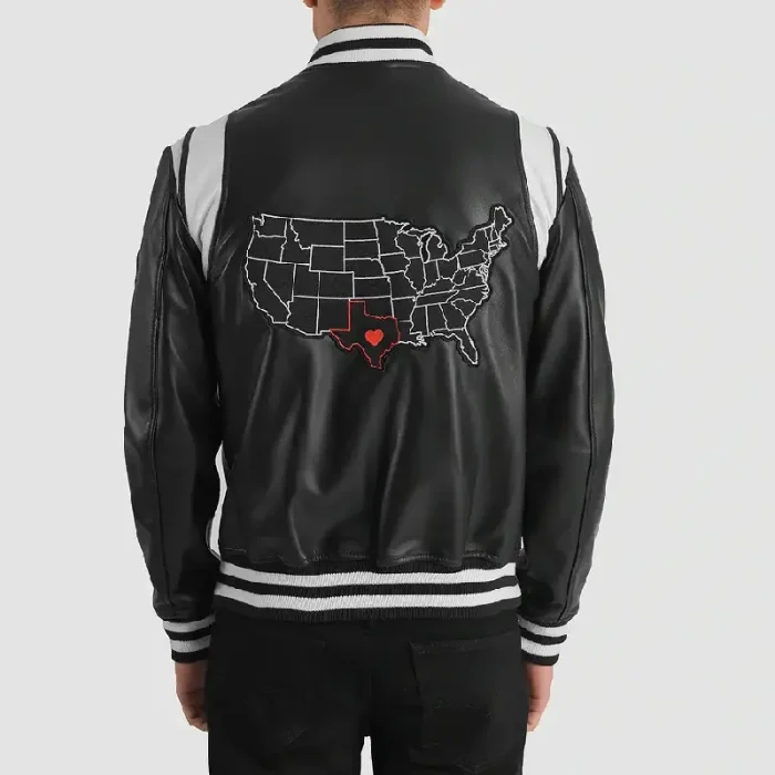 Men'S Black/White Leather Texas Varsity Jacket Back