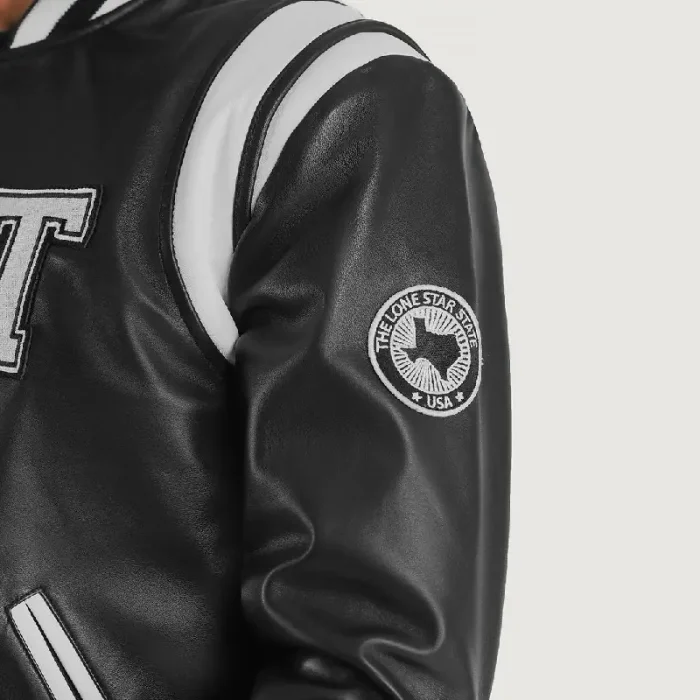 Men'S Black/White Leather Texas Varsity Jacket Closer