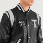 Men's Black/White Leather Texas Varsity Jacket Close Up