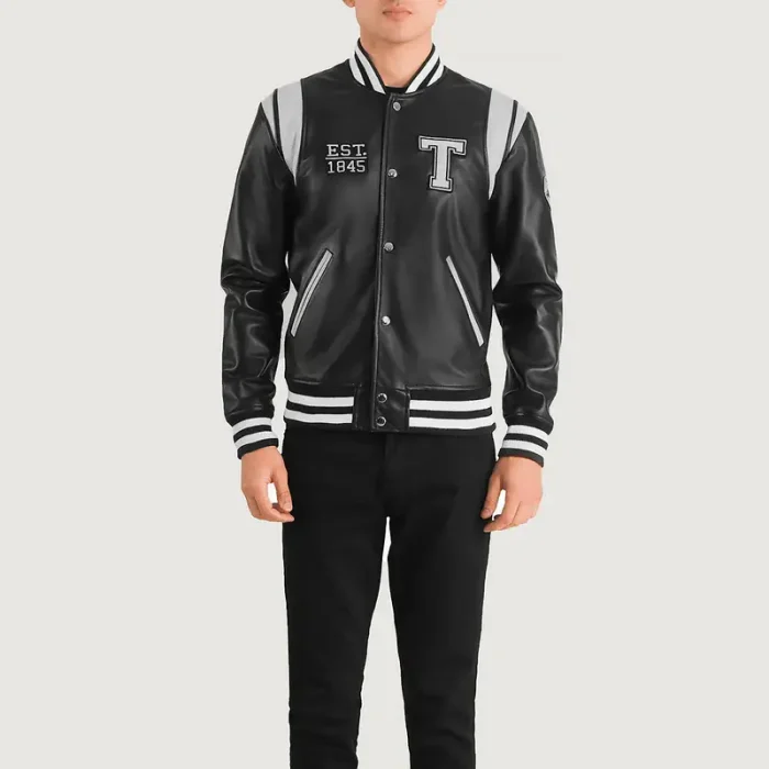 Men'S Black/White Leather Texas Varsity Jacket Front