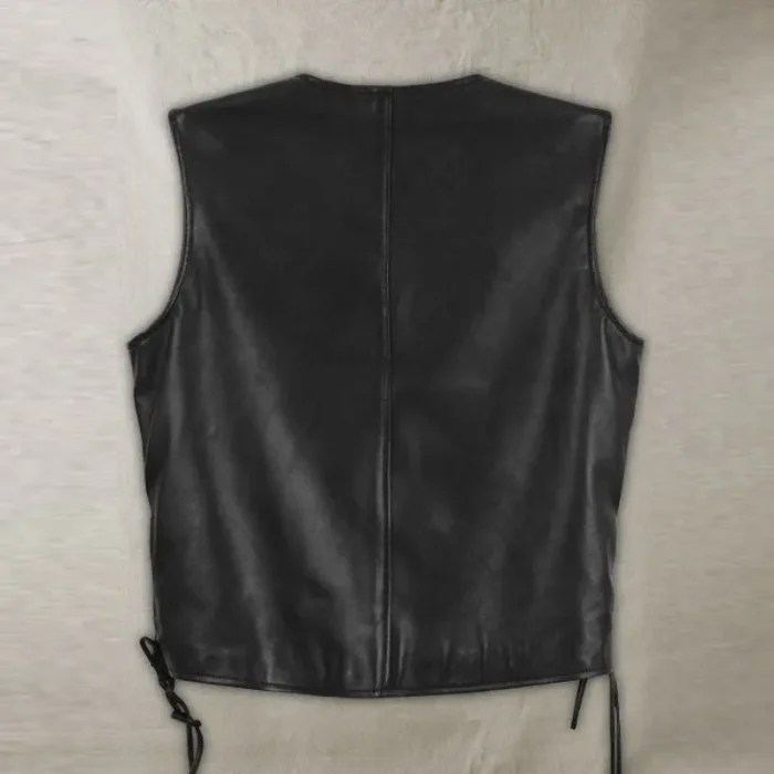 Men'S Black Traditional Biker Leather Vest Back