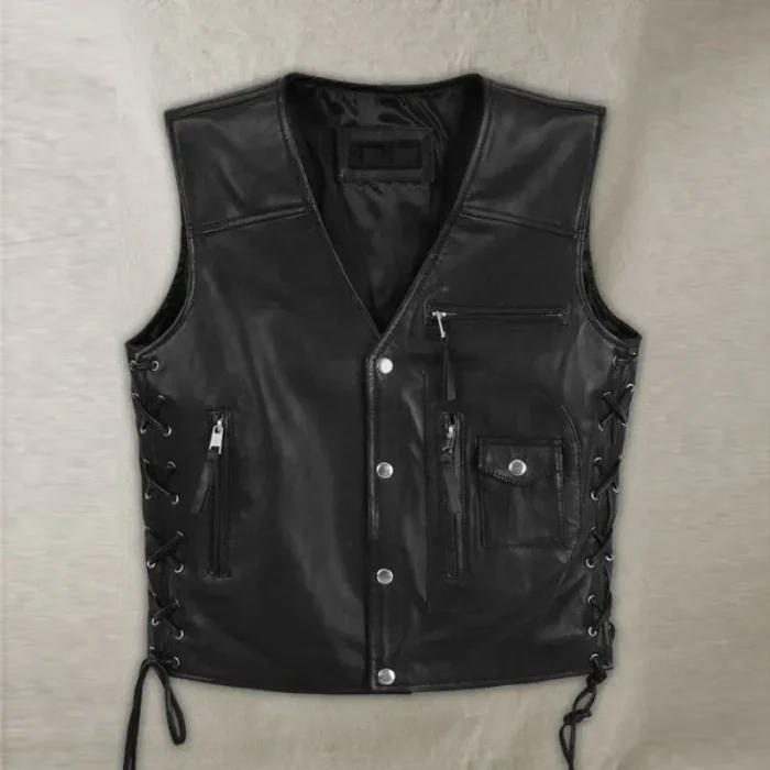 Men'S Black Traditional Biker Leather Vest Front