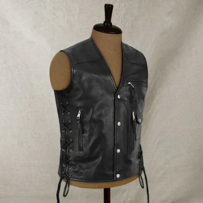 Men'S Black Traditional Biker Leather Vest Side View
