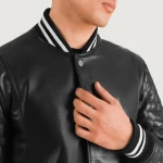 Men's Black Varsity Leather Coat Close Up