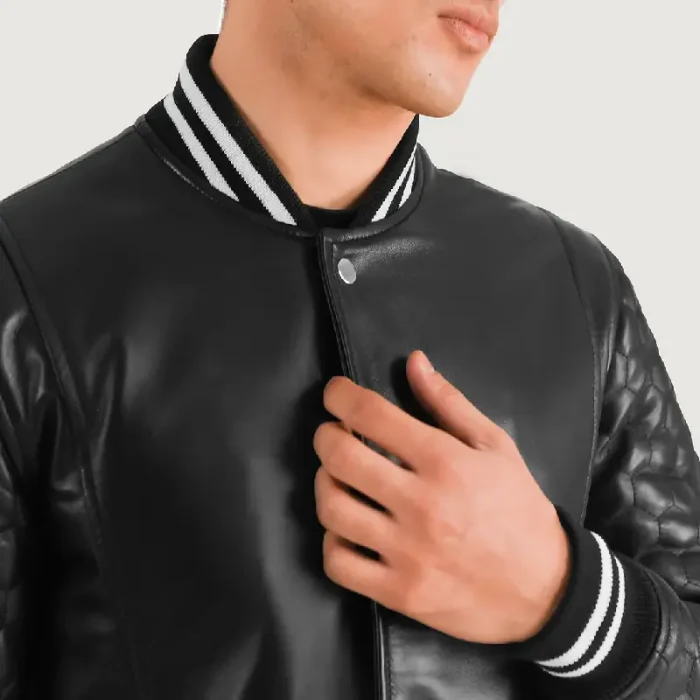 Men'S Black Varsity Leather Coat Close Up