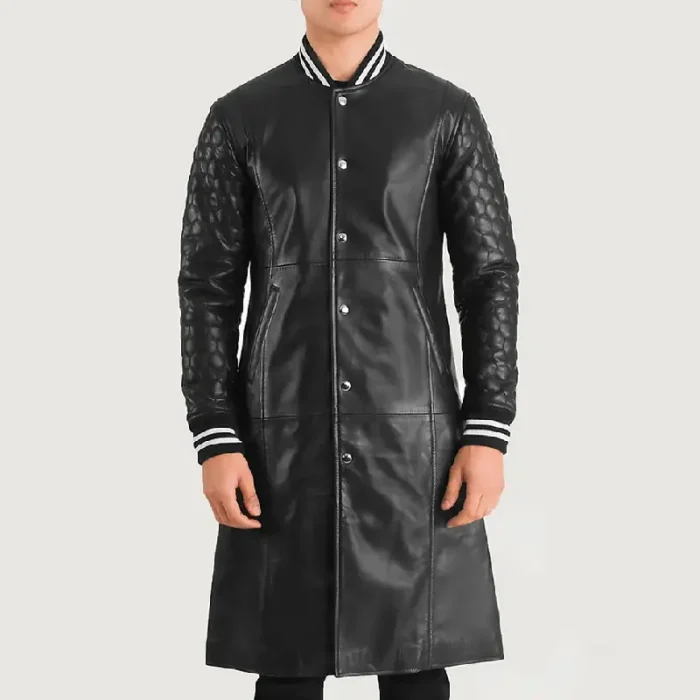 Men'S Black Varsity Leather Coat Front