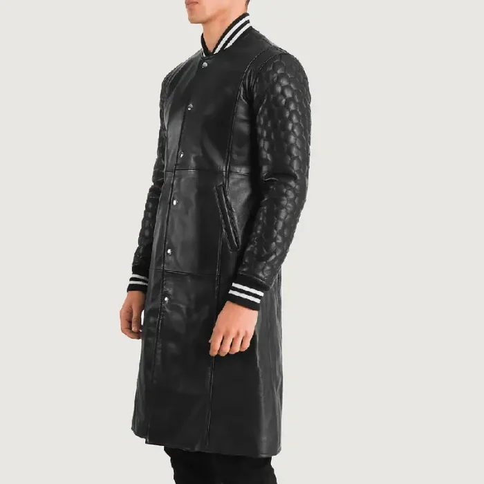 Men'S Black Varsity Leather Coat Side