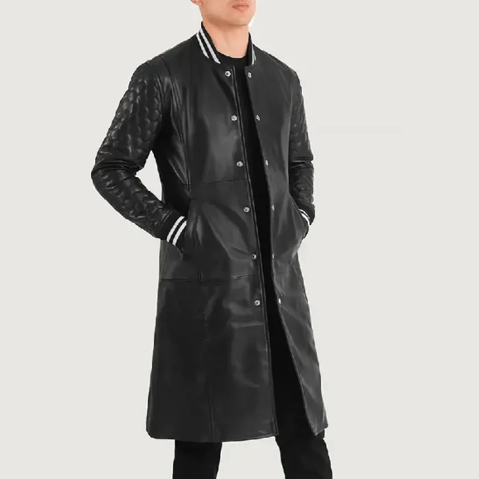 Men'S Black Varsity Leather Coat Side View