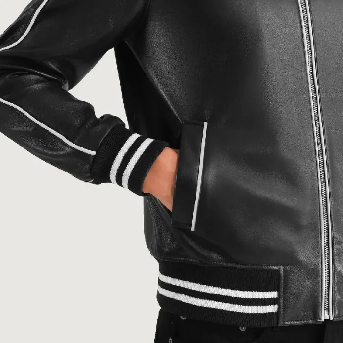 Men'S Black Varsity Leather Jacket Close