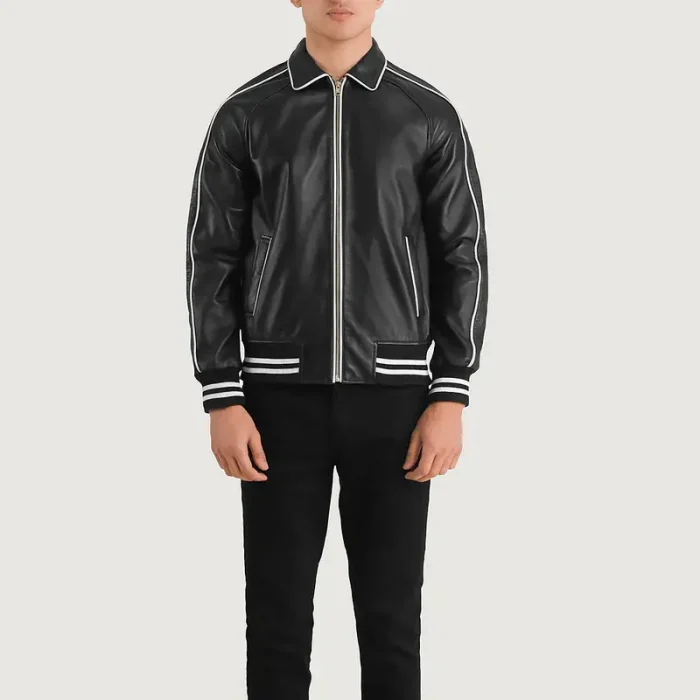 Men'S Black Varsity Leather Jacket Front