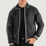 Men's Black Leather Retro Piping Varsity Jacket