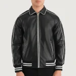 Men's Black Varsity Leather Jacket Zip Up