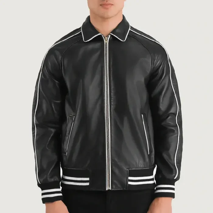 Men'S Black Varsity Leather Jacket Zip Up