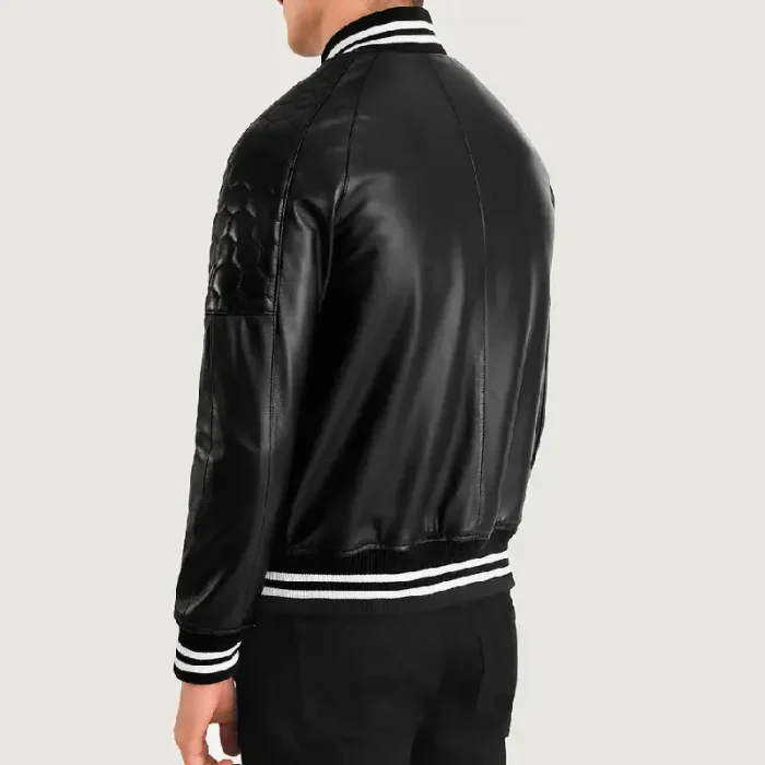 Men'S Black Varsity Zipper Leather Jacket Back