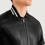 Men's Black Varsity Zipper Leather Jacket Close Up