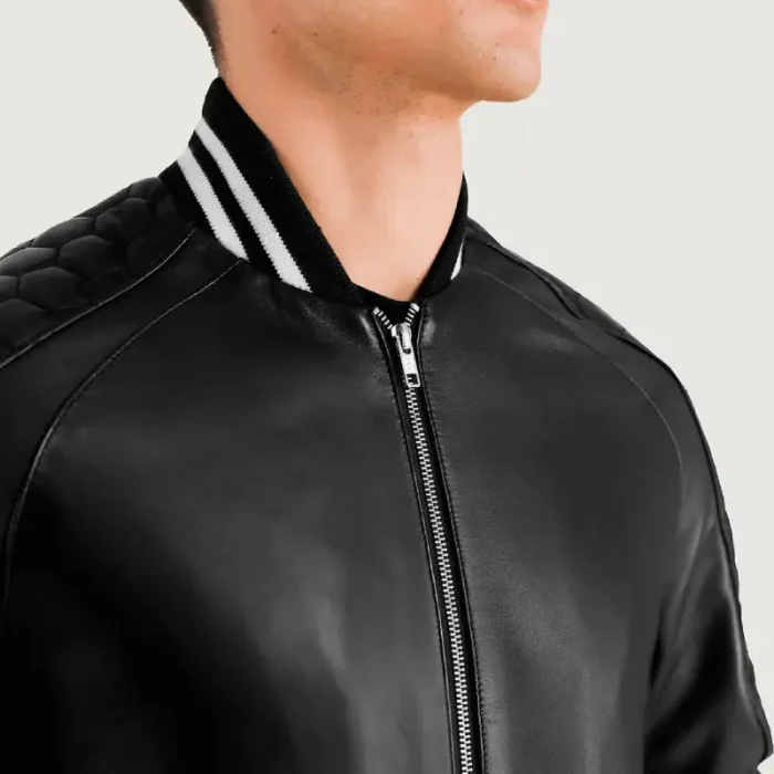 Men'S Black Varsity Zipper Leather Jacket Close Up