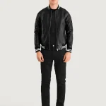 Men's Black Varsity Zipper Leather Jacket Front